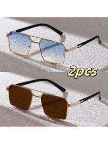 1pc, 2pcs, 3pcs Set Men's Rectangular Luxury Fashion Glasses, Classic Metal Frame Fashion Eyewear Suitable For Travel, Driving, Daily Life, Protective Glasses - Gold - View 17