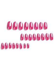 24 片椭圆形玫瑰红色中号假指甲 - 镀铬效果，纯色，适合派对和舞会按压指甲美甲用品 - 粉色 - 查看 2