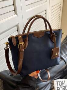 Nueva bolsa cuadrada portátil de tela de nailon impermeable de unicolor con doble asa, se puede colgar, adecuada para viajar, comprar y desplazarse, bolso bandolera vintage con hebilla de aguja, bolso de mano de gran capacidad - Azul - Ver 2