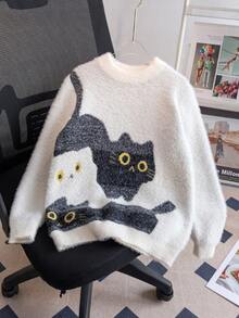 女孩可爱猫咪图案仿毛针织套头衫，适合春秋冬日常休闲穿着
