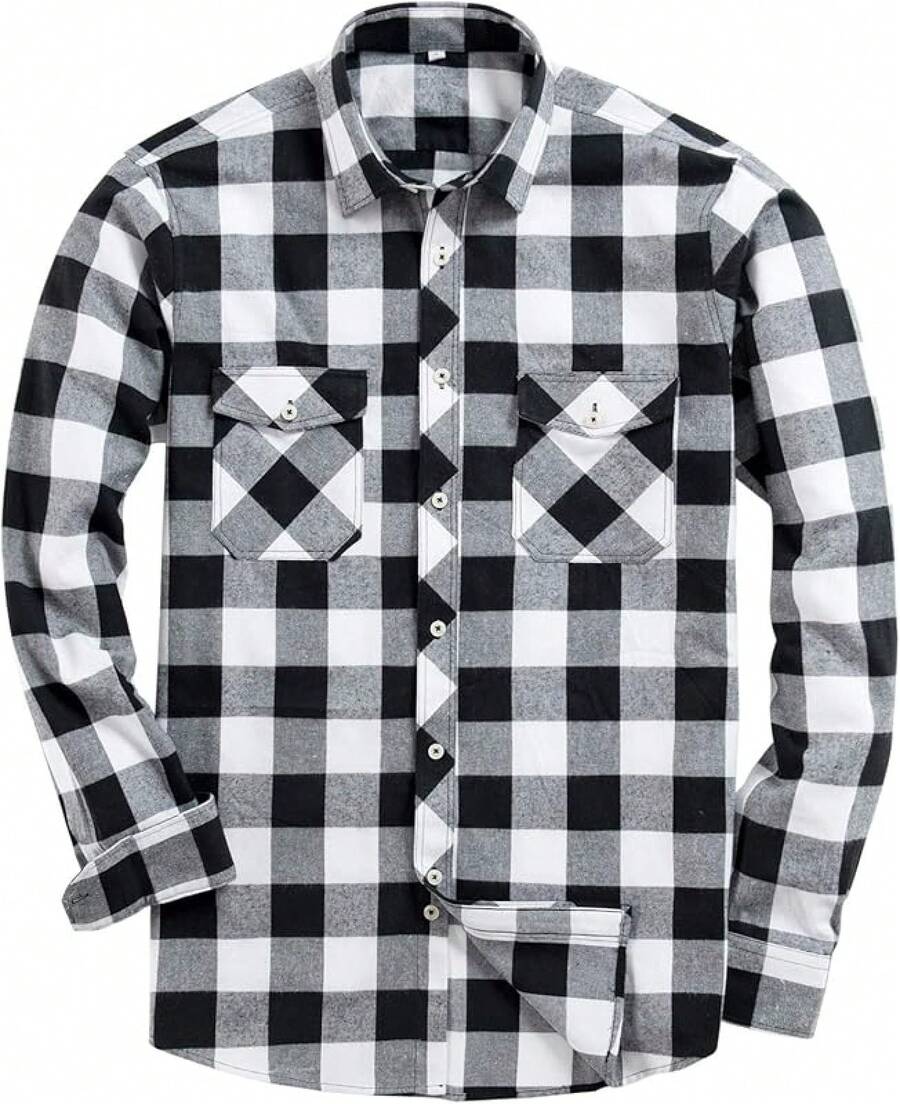 2025 Best Alimens & Gentle Men's Button Down Regular Fit Long Sleeve Plaid Flannel Casual Shirts - 白色/黑色格子 - 查看 1