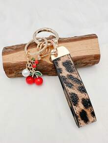 1 Set Fashionable Leopard Print Car Key Chain + Cute Cherry Pendant, Suitable As Bag Accessory Gift For Friends And Girlfriends Christmas