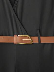 女式高腰 V 领阔腿连体裤，配不对称设计和腰带 - 黑色 - 查看 7