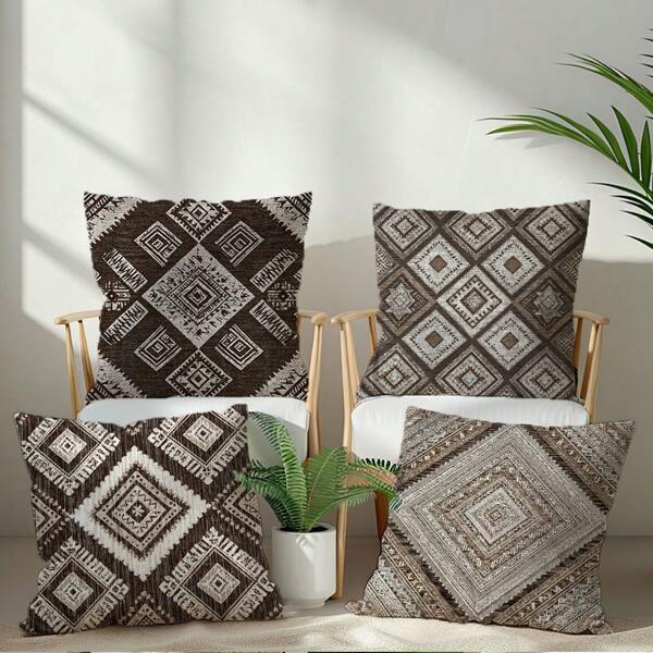 4pcs Retro Carpet Pattern Throw Pillow Covers, 45*45cm Soft Peach Skin Material Cushion Covers For Sofa, Single-Sided Print With Zipper Closure For Various Room Types, Room Bedroom Living Room Home Couch Decor, Decorative Pillows Case