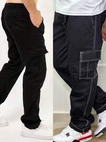 Kit 2 Unisex Twill Cargo Pants With Wide Leg And 5 Pockets For Women - Black/white Line - View 2