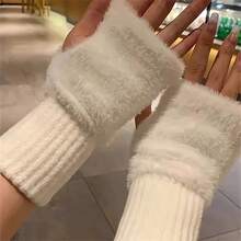 柔软冬季半指手套，女士温暖奢华纯色针织露指手套，手套秋季配饰 - 米色 - 查看 7