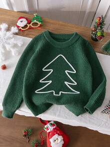 男童圣诞树刺绣针织套头衫，适合圣诞节、春秋冬 - 綠色 - 查看 2