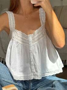 Women Square Neck Lace Eyelet Tank Top Summer Sleeveless Button Down Vest Shirts - 白色 - 查看 1