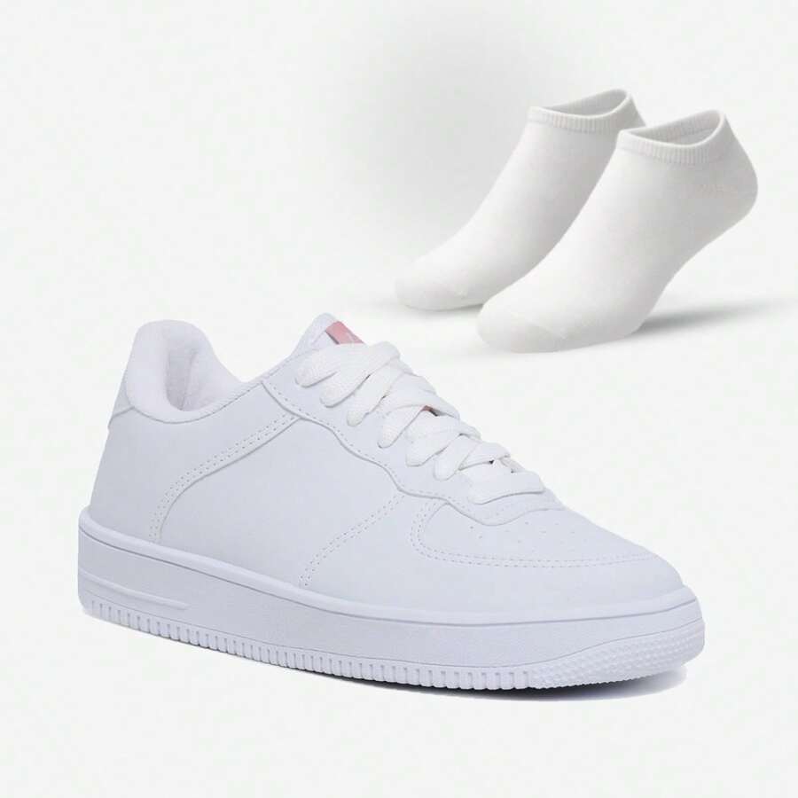 Tênis Feminino Social Casual Sapatênis Sneakers  Force Conforto com Meias Sapatilhas - Branco - Visão 1