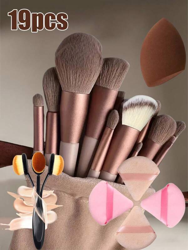 19 Pieces Of Makeup Brush Set (With Drawcord Storage Bag), Including 4 Pieces Of Makeup Powder Puff, Makeup Sponge, Rouge Brush, Foundation Make-Up Brush, Eye Shadow Brush, Contour Brush, Eye Makeup Brush, Soft Hair Makeup Brush, Rouge Brush, Professional Makeup Brush Set, Women's Makeup Brush Set