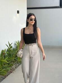 Kit 3 Body Bory Bori Women's Square Neck Tank Top Thick Strap Winter Colors Suplex Basic Simple - ĐEN/TRẮNG/NÂU - Xem 2