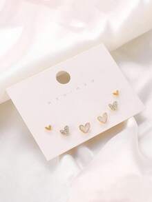 3 pares/set de pendientes de aro con forma de corazón versátiles y de moda, conjunto de pendientes dulces para niñas, pequeños pendientes minimalistas y lindos (sin tarjeta) - Multicolor - Ver 2