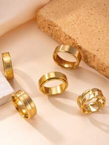 5入組時尚不鏽鋼戒指，簡約黑色羅馬數字戒指，中空旋轉戒指，男士酷炫嘻哈戒指配件