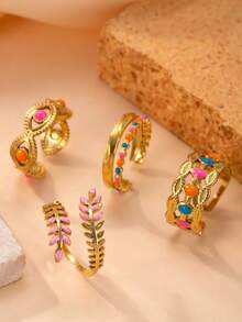 4件套不锈钢戒指，简约可调节开口戒指，镂空几何图案戒指，男士结婚配饰 - 彩色 - 查看 13