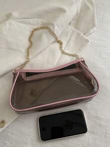 时尚撞色边框透明拼接度假链条单肩包，适合逛街、钱包、购物、年轻女性、大学生、新人、白领。非常适合办公室、大学、工作、商务、通勤、户外活动、旅行和郊游