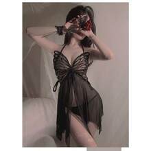 Adult Erotic Underwear Sexy Large Size Stimulation Hot Perspective Butterfly Lace-Up Mesh Seduction Neck Nightdress Uniform Set - màu đen - Xem 6