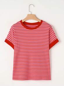 Acelitt Camiseta de punto de cuello redondo de manga corta y hombros descubiertos a rayas, talla grande, color rosa verano - Rosa - Ver 4