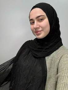 1pc Women Abaya Accessories Solid Color Hijab Rhinestone Geometric Pattern Soft Chiffon Headscarf, Arabic Simple Lightweight Head Wrap Scarf For Daily Use - Black - View 7