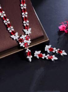 1 Set Elegant Silver Plated Cubic Zirconia Red Oval Leaf Tennis Earrings & Necklace CZ Jewelry Set For Brides, Engagement, Banquet, Party, Women, Ladies, Bridesmaids, Girlfriends, Mother Gift