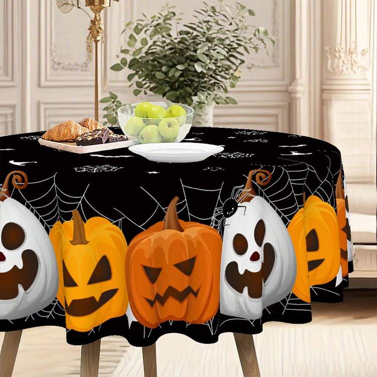 1pc Round Tablecloth Diameter 145cm (57.08inch), Rectangular Tablecloth 140x180cm (55.11inch X 70.86inch). Halloween Pumpkin Face Pattern Polyester Tablecover, Black Background With White Spider Web, Bats, Stars And Witch Hat Patterns, Suitable For Round Dining Tables, Holiday Gatherings And Party Decor - Black and White - View 3