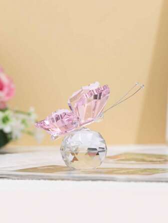 1pc Pink Crystal Flying Butterfly Crystal Ball Base Statue Series Cut Glass Decorative Figurine Animal Collection, Crystal Decor For Home, Wedding, Party Gift