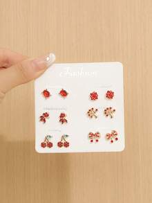 1-6对时尚金鱼、树、可爱水钻镶嵌水果系列耳钉套装