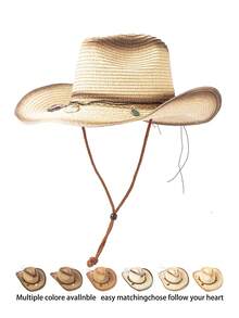 1 件休闲公牛星图案波西米亚铆钉蝴蝶结草编太阳帽，时尚百搭海滩度假遮阳帽，适合所有季节