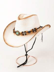 1pc Bull Star Retro Pattern Casual Bohemian Rivets Bow Straw Sun Hat, Versatile For Vacation, Sun Protection, Suitable For All Seasons, Unisex - Gem - View 23