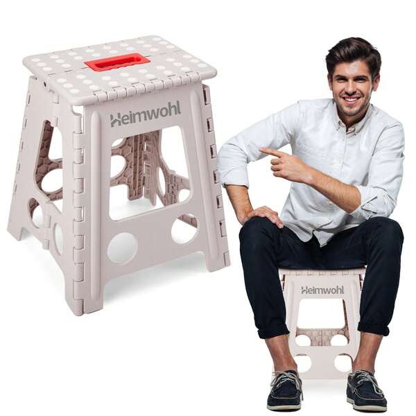 Taburete plegable de 40 cm, versión mejorada 2025, con cierre de seguridad y asa giratoria, capacidad de 150 kg, antideslizante, para cocina, baño, camping, jardín y caballos, color beige.