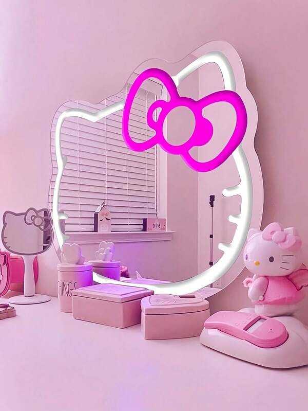 Sanrio 1 pieza Letrero de neón de gato de anime KT con espejo de pared y tira LED ajustable - Plástico, montado en pared, conmutable, multifuncional, alimentado por USB, inalámbrico, sin batería, iluminación blanca - Adecuado para habitaciones, fiestas de San Valentín, cumpleaños, regalos de boda, familias, decoraciones navideñas, para regalar a novias, esposas, amigos, familiares, amantes