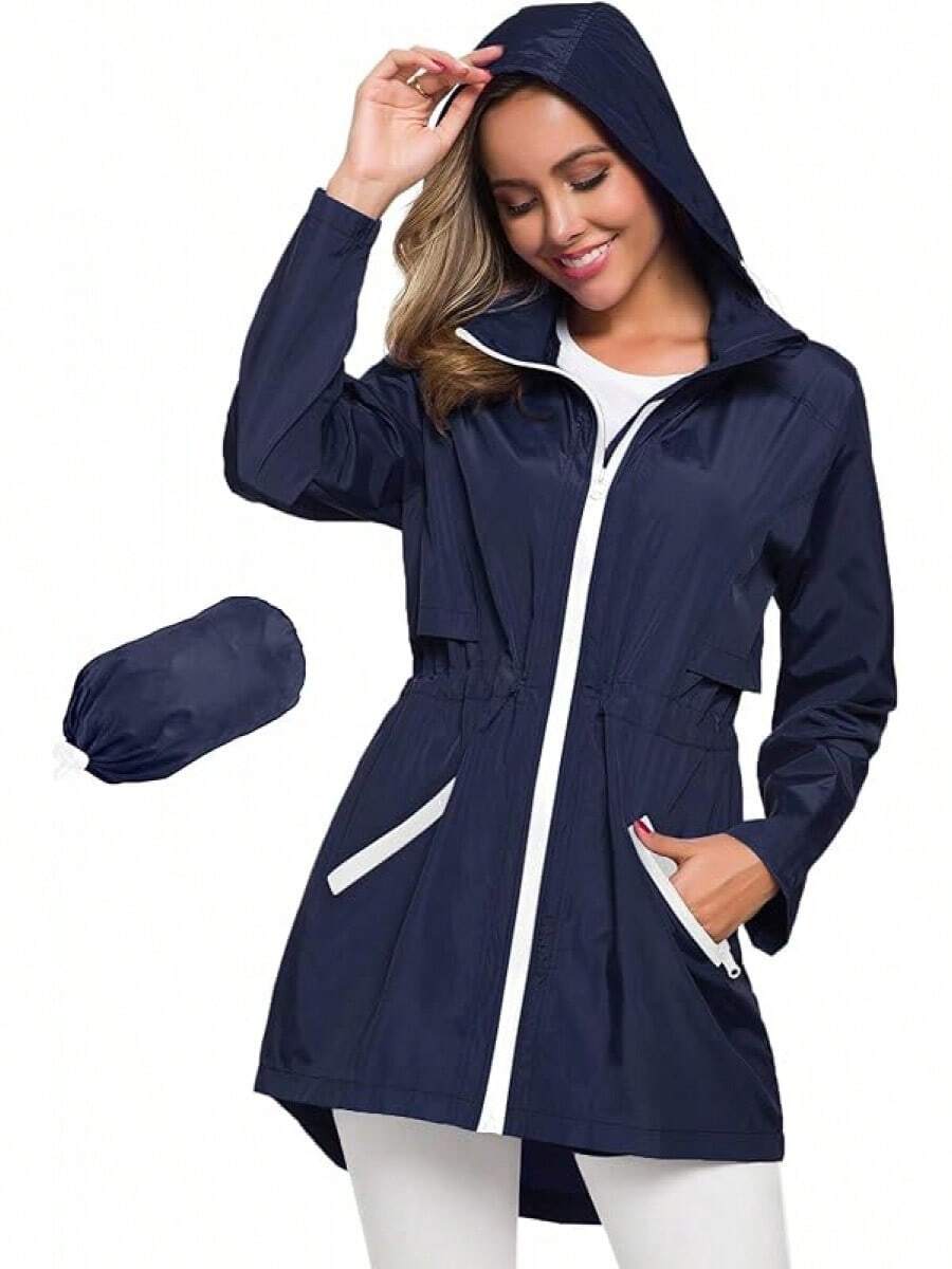 Women's Long Raincoat With Hood Outdoor Lightweight Windbreaker Waterproof - 1 màu xanh hải quân - Xem 1