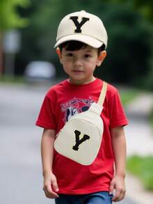 2件套A-Z字母棒球帽和包，适合男孩，时尚团队运动遮阳帽，带可调节肩带 - 旅行腰包斜挎包 - 米色 - 查看 2