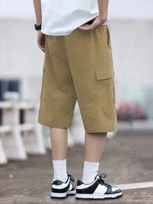 1 件青少年男孩宽松休闲工装短裤，百搭及膝口袋印花短裤，春夏秋季 - 卡其色 - 查看 3
