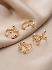 4 piezas Set de anillos apilables con diseño geométrico de gota de agua para mujer, para uso diario, citas, fiestas, festivales, accesorios, regalos - Amarillo Oro - Ver 3
