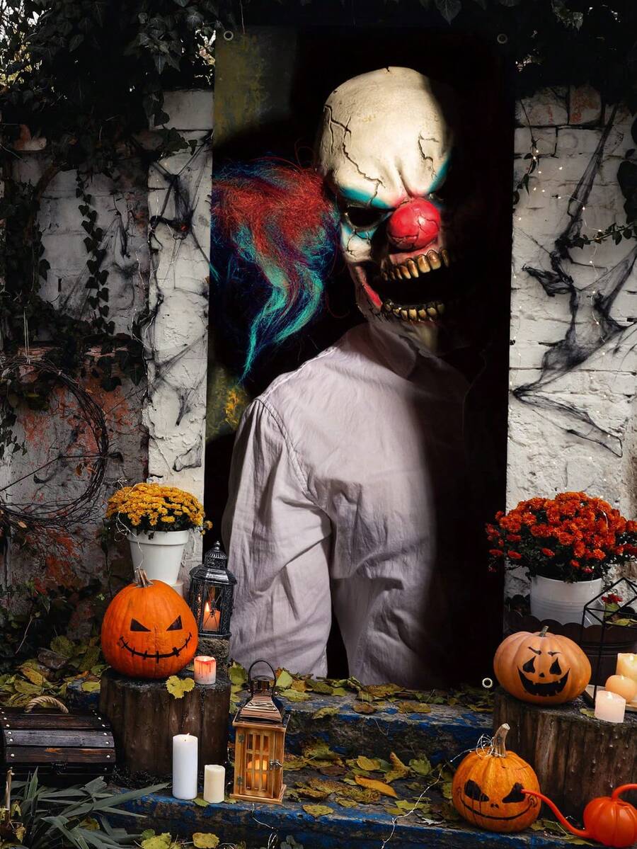 万圣节小丑装饰恐怖鬼门帘 - 怪异窗贴车库门背景墙纸贴纸万圣节派对礼物家居装饰 - 彩色 - 查看 1