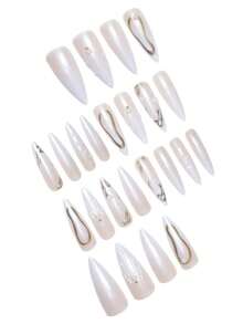 24 件长杏仁形粘合指甲贴 3D 珍珠、贝壳和金色波浪装饰，包括 1 件凝胶抛光剂和 1 个指甲锉，适合女性日常、约会、派对