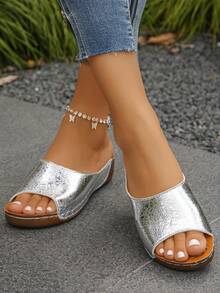 加大码夏季时尚休闲拖鞋，日常户外轻便舒适百搭银色褶皱纹理平底凉鞋，女士 - 銀色褶皺 - 查看 4