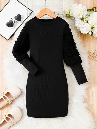 Elegant Girl Round Neck Puff Sleeve Long Sleeve Solid Color Dress, Suitable For Spring And Autumn