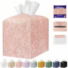 Tissue Box Holder Cover Square Tissue Cube Cover PU Leather Tissue Organizer With Bottom Belt For Bathroom, Tabletop, Kitchen, Night Stands, Office, Home, Car (1, RosyPink) - Hồng hồng - Xem 1