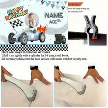 1pc Customized Birthday Background With Racing Car Theme, Vintage Blue And Black Two Fast & Curious Flags, Party Decoration Celebration, With Hieroglyphic Flags And Balloon Icons, Multiple Sizes Available - Multicolor - View 4