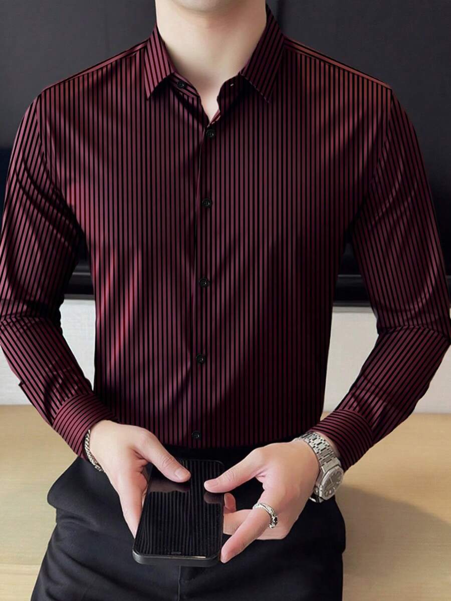 男士时尚商务休闲条纹印花长袖衬衫，秋季