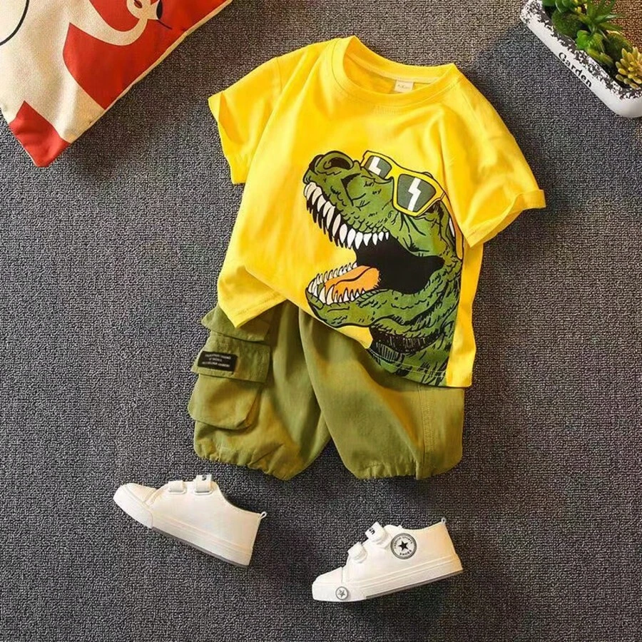 PP 2pcs Toddler Boy Playful Dinosaur Print Tee & Cargo Shorts Set - 黃色 - 查看 1