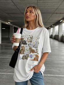 Cats Retro 90s Tattoo T Shirt Vintage Kitten Nature Shirt, Cat Lovers Gift Cottagecore Relaxed Adult Graphic Tee - 白色 - 查看 2