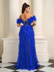 Women's Heavy Embellished Off Shoulder Feather, Lace, Wrap, Chiffon Ruffle Hem And High Slit Formal Gown - Royal Blue - View 2