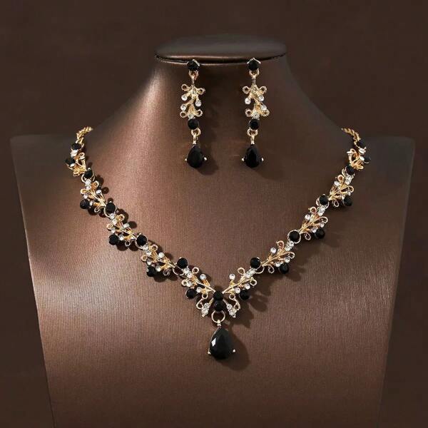 3pcs/Set Gold Metal Rhinestone Embedded Necklace & Earring Set For Women