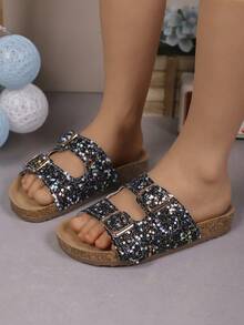 1 par de zapatillas con decoración de rhinestones brillantes antideslizantes para interiores/exteriores para niños y niñas - Negro - Ver 2