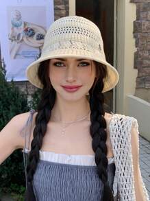 1pc Women Solid Color Knitted Hollow Out Bucket Hat, Simple Fashion Versatile Summer Breathable Sun-Shading Cap, Face Slimming Bucket Hat