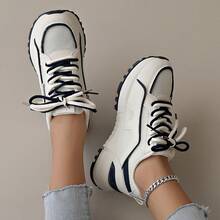 新款女士厚底运动鞋，棕色、米色、蓝色网眼休闲鞋，时尚平底户外厚底运动鞋，四季皆宜 - 藍色 - 查看 4