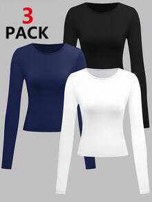 3 Pack Womens Crop Workout Tops Women Pack Summer Gym Athletic Compression Undershirts Cute Tight Basic Tops Tee - 藏藍色+黑色+白色 - 查看 2