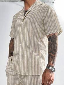 Áo sơ mi nam tay ngắn in sọc cài nút phía trước thời trang mùa hè - Màu Khaki - Xem 2